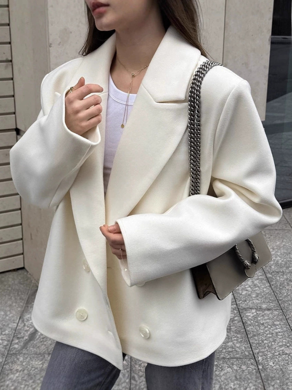 Forever 21 Beige Wool Double Breasted Loose Midi Blazer Notch Lapel